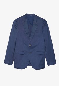 Blazer ajusté bleu marine avec deux poches avant, design à un seul bouton et revers crantés. Fabriqué à partir d'un tissu texturé à rayures subtiles.