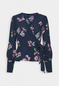 Blusa avvolgente blu navy con maniche lunghe, caratterizzata da un motivo floreale nei toni del rosa e del verde, un design peplum e un dettaglio con cintura laterale.