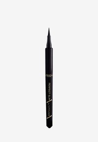 Eyeliner liquido nero con una punta stretta e affusolata e un design cilindrico elegante. Presenta un testo di branding dorato su una superficie opaca.
