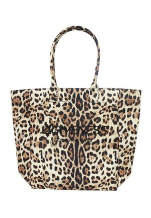 Borsa tote con motivo leopardato marrone e nero e due manici, con scritta nera "GIVENESS love me wild" sulla parte anteriore.