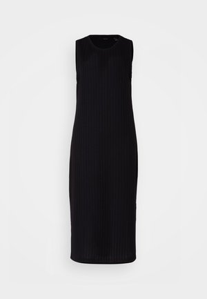 Black sleeveless dress with a ribbed texture, knee-length design, round neckline, and a fitted silhouette. No visible patterns or accents.