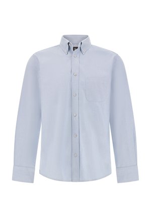 Jasnoniebieska, długosleeve, zapinana na guziki koszula z kołnierzykiem, przednią kieszenią oraz gładką fakturą z delikatnym wzorem splotu.