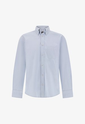 Lichtblauw overhemd met lange mouwen en knopen, voorzien van een kraag, borstzak en een gladde textuur met een subtiel weefpatroon.