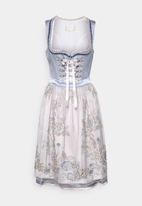 Dirndl traditionnel avec un corsage bleu à motifs, des boutons décoratifs et une jupe légère et fluide ornée de broderies florales.