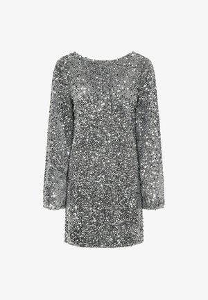 Silver sequined dress with long sleeves and a rounded neckline, featuring a textured surface due to dense, small sequins.