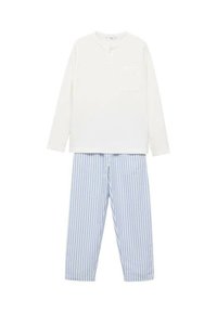 White long-sleeve top with a pocket, paired with blue and white striped pants. Lightweight fabric, relaxed fit, and contrasting patterns.