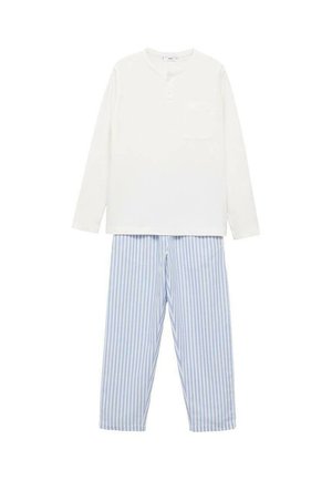 Haut blanc à manches longues avec une poche, associé à un pantalon rayé bleu et blanc. Tissu léger, coupe décontractée et motifs contrastés.