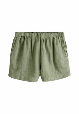 Shorts vert clair, coupe décontractée, avec taille élastique et poches latérales, confectionnés dans un tissu doux et texturé.
