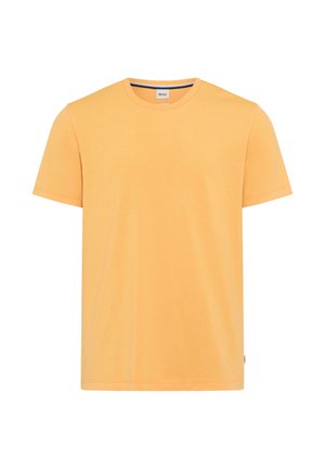 Schlichtes T-Shirt mit kurzen Ärmeln und Rundhalsausschnitt in einfarbigem Hellorange, mit einem kleinen Markenschild am Seiten Saum.