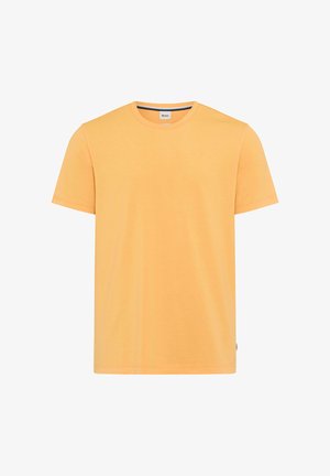 Schlichtes T-Shirt mit kurzen Ärmeln und Rundhalsausschnitt in einfarbigem Hellorange, mit einem kleinen Markenschild am Seiten Saum.