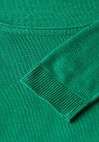 Pull en tricot vert avec une texture lisse. Les poignets côtelés affichent un motif contrastant. Les détails de couture sont visibles le long de l'encolure et de l'ourlet.