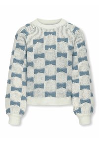 Strickpullover in Creme mit hellblauen Schleifenmustern, ausgestattet mit einem gerippten Rundhalsausschnitt und voluminösen Ärmeln mit eng anliegenden Bündchen.