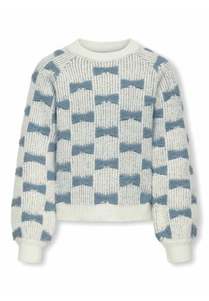 Strickpullover in Creme mit hellblauen Schleifenmustern, ausgestattet mit einem gerippten Rundhalsausschnitt und voluminösen Ärmeln mit eng anliegenden Bündchen.