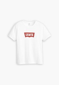 Camiseta de algodón blanca con un logo rojo de Levi's en el centro. Mangas cortas con un cuello redondo y un corte relajado.
