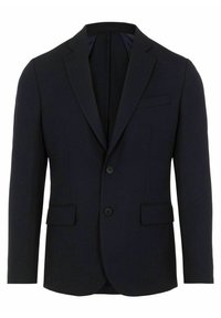 Granatowa marynarka o teksturowanej tkaninie, z dwoma guzikami, klapami w kształcie notcha oraz kieszenią na piersi. Posiada dwie przednie kieszenie z klapami oraz dopasowany krój.