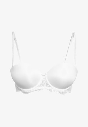 Balta paminkštinta liemenėlė su nėrinių apvadu, reguliuojamais petnešėlėmis ir lygiu paviršiumi; turi kabliukų ir akių uždarymą nugaros pusėje.