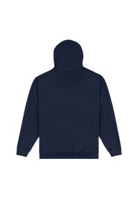 Felpa in cotone blu scuro con cappuccio ampio, polsini ed orlo elastici. Tessuto morbido senza marchi o motivi visibili.