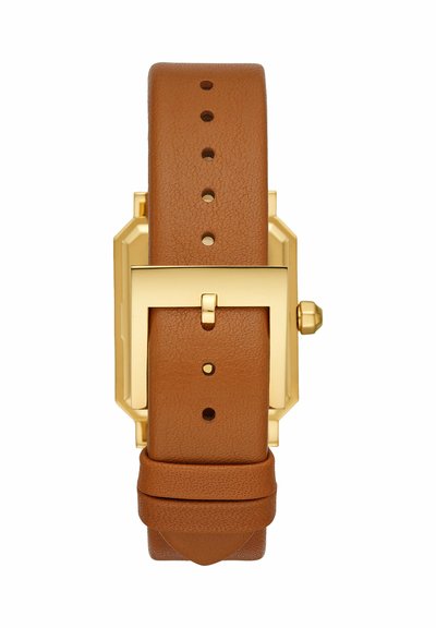 Cinturino per orologio in pelle marrone con fibbia quadrata dorata e fori per la regolazione, fissato con due anelli, visto da dietro.