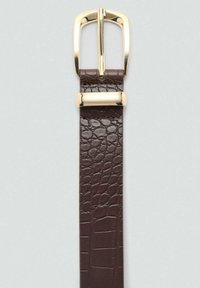 Brown crocodile-embossed leather belt with a shiny gold metal buckle and accent, featuring a smooth texture and clean lines.