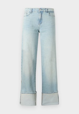 Hellblaue Jeans aus Denim mit weitem Bein und großen Umschlägen an den Säumen, ausgestattet mit vorderem Reißverschluss, Knopfverschluss und Vordertaschen.