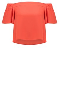 Off-shoulder, lyhyt hiha -paita kirkkaan korallinvärisestä kankaasta. Sujuva pinta, löysä istuvuus ja röyhelöhihat. Pyöristetty helma.