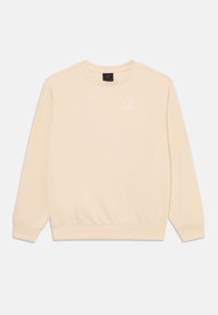 Sudadera beige hecha de tela suave, con cuello redondo y mangas largas. Incluye un pequeño logo blanco de Jordan en el pecho.