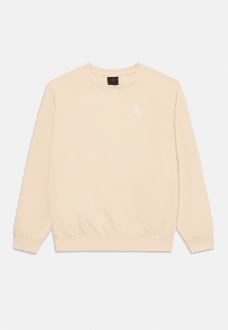 Sudadera beige hecha de tela suave, con cuello redondo y mangas largas. Incluye un pequeño logo blanco de Jordan en el pecho.