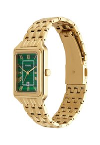 Montre rectangulaire dorée avec un cadran à rayures vertes, des chiffres romains et une fenêtre de date. Elle est dotée d'un bracelet en métal lié et d'un réglage par couronne.
