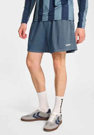 Mand iført blå netshorts, hvide ribstrikkede sokker med sort tekst og grå sneakers med marineblå detaljer på en ensfarvet baggrund.