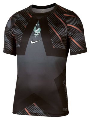 Maillot noir pour hommes de l'équipe nationale française de football avec un motif d'étoiles sombres, deux étoiles au-dessus de l'emblème du coq de l'équipe, et logo Nike blanc.