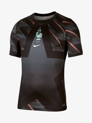 Schwarzes Herren-Trikot der französischen Fußballnationalmannschaft mit dunklem Sternmuster, zwei Sternen über dem Emblem des Team-Hahns und weißem Nike-Logo.