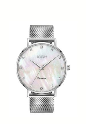 Silver mesh strap wristwatch with a round mother-of-pearl dial, diamond markers, and the brand name JOOP! on the face.