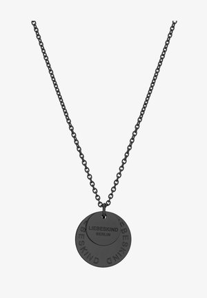 Zwarte metalen ketting met twee ronde hangers. De grotere hanger heeft een reliëftekst: "LIEBESKIND BERLIJN." De ketting heeft een eenvoudig schakelontwerp.