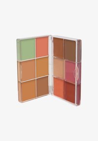 Rechteckige Make-up-Palette in klarem Etui mit neun Abschnitten in verschiedenen Farbtönen: Mintgrün, Pfirsich, Beige und tiefem Rosa.