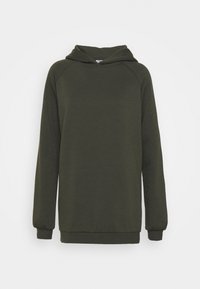 Ciemnozielona bluza z kapturem i długimi rękawami, o kroju raglanowym, z prążkowanymi ściągaczami na mankietach i dole. Gładka faktura, minimalistyczny styl.