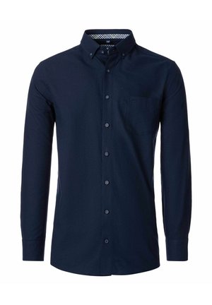 Marineblaues Langarmhemd mit Button-Down-Kragen, Brusttasche und dezentem Karomuster im Krageninneren. Weicher Stoff, gerade Passform.