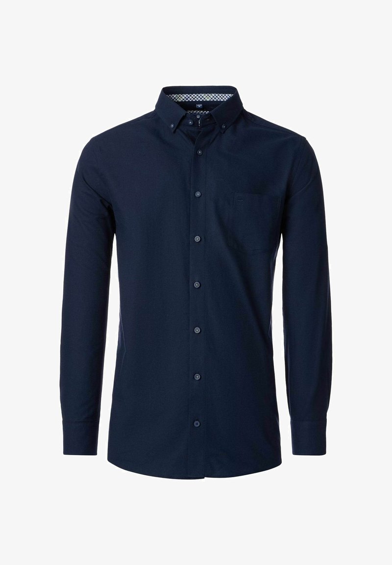 Marineblauwe lange mouwen shirt met een button-down kraag, een voorzak en een subtiel ruitpatroon aan de binnenkant van de kraag. Zachte stof, rechte pasvorm.