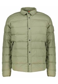 Giacca a vento verde con colletto, bottoni a pressione e tasche laterali. Presenta una texture trapuntata e polsini elasticizzati.