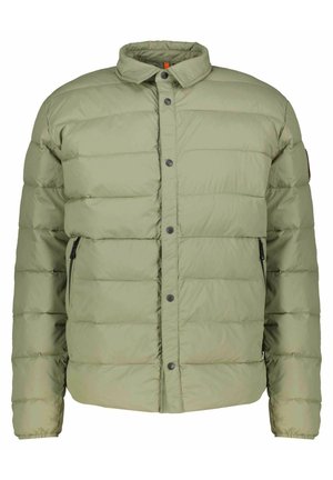 Giacca a vento verde con colletto, bottoni a pressione e tasche laterali. Presenta una texture trapuntata e polsini elasticizzati.