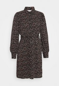 Abito nero con un motivo floreale in tonalità beige e ruggine, caratterizzato da un colletto, lunghe maniche a sbuffo e una vita cintrata con cintura.