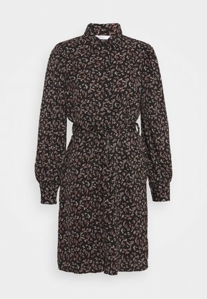 Robe noire avec un motif floral dans des tons beige et rouille, comportant un col, de longues manches bouffantes et une taille ceinturée.