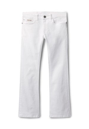 Jeans bianchi a gamba dritta con bottone frontale, cerniera, cinque tasche e piccolo logo Calvin Klein sulla tasca frontale destra.