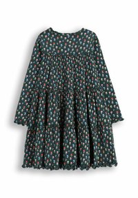 Sukienka z bawełny w ciemnozielonym kolorze, w kwiatowy wzór, z długimi rękawami, warstwowym krojem i falbaniastym dołem zdobionym małymi, kolorowymi kwiatkami.