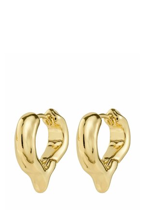 Gold-tone hoop earrings with a smooth, sculptural design. Features a polished finish and a unique clasp for secure wear.