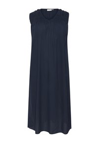 Marineblaues ärmelloses Kleid mit gerafften Schulterdetails, fließender A-Linie, aus weichem Stoff mit Rundhalsausschnitt und ohne Muster.