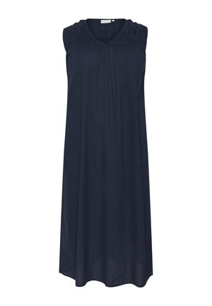 Navy blauwe mouwloze jurk met gehuurde schouderdetails, vloeiende A-lijn vorm, gemaakt van zachte stof met een ronde halslijn en zonder patronen.