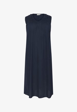 Granatowa sukienka bez rękawów z marszczeniami na ramionach, w luźnym kształcie A-linii, wykonana z miękkiego materiału, z okrągłym dekoltem i bez wzorów.