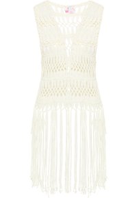 Gilet all'uncinetto in off-white, con scollatura a V, motivo a trama aperta e orlo con frange. Leggero, con un design bohemien e texturizzato.