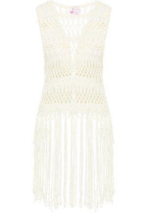Crochet-liivi off-white-värissä, jossa on V-pääkohdan muotoilu, avoin kudontakuosi ja hapsureuna. Kevyt, tekstuuri ja boheemi muotoilu.