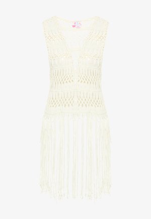 Vesta croșetată în alb murdar, cu decolteu în V, model cu împletitură deschisă și tiv ciufulit. Ușoară, cu un design texturat boho.